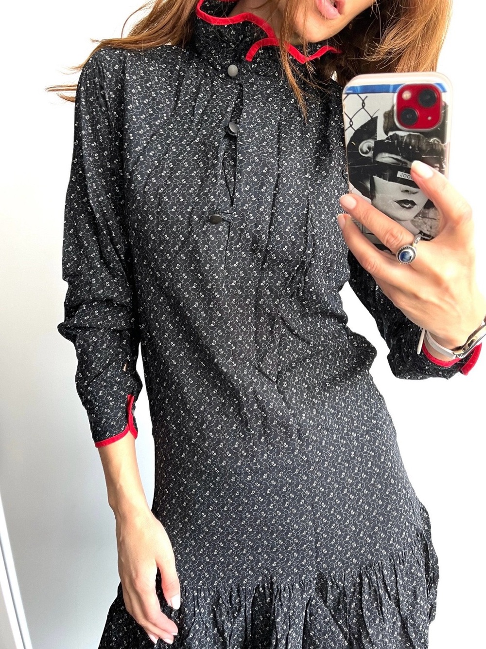 Black Floral Long-Sleeve Ruffle-Hem Frop-waist Dress with Red Trim